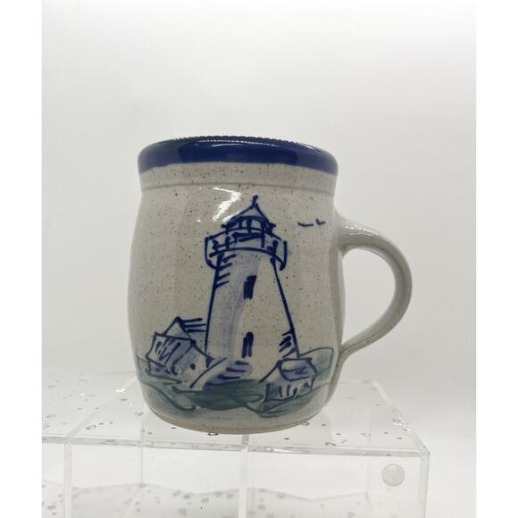 Great Bay Pottery Lighthouse Coffee Mug Blue Interior Handmade USA Signed - Picture 2 of 5